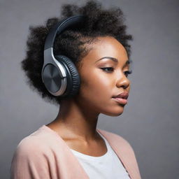 A talented African-American singer wearing modern headphones, deeply absorbed in the rhythm of the music