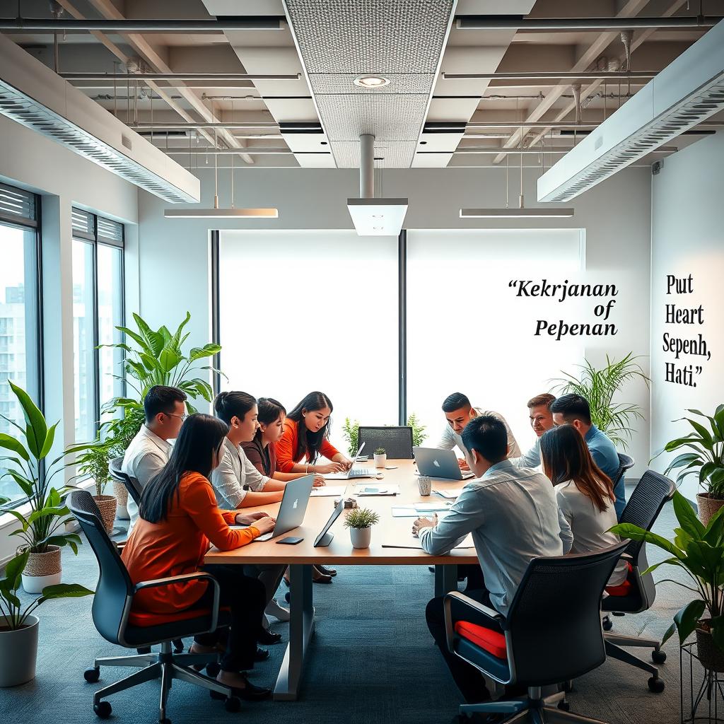 An inspiring office scene showcasing a diverse group of professionals fully engaged in their work, embodying the spirit of teamwork and dedication