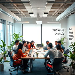 An inspiring office scene showcasing a diverse group of professionals fully engaged in their work, embodying the spirit of teamwork and dedication