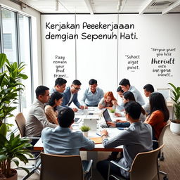 An inspiring office scene showcasing a diverse group of professionals fully engaged in their work, embodying the spirit of teamwork and dedication