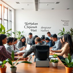 An inspiring office scene showcasing a diverse group of professionals fully engaged in their work, embodying the spirit of teamwork and dedication