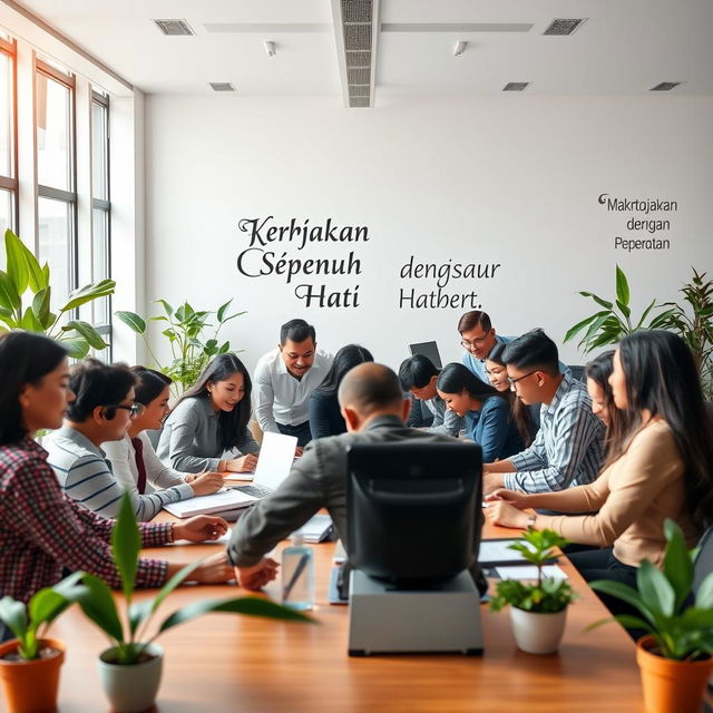 An inspiring office scene showcasing a diverse group of professionals fully engaged in their work, embodying the spirit of teamwork and dedication