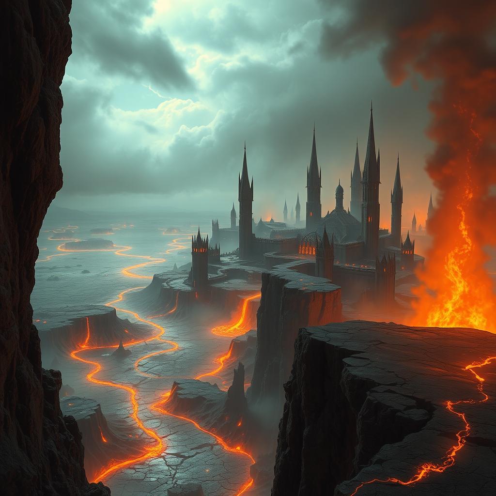 A breathtaking view from a cliffside overlooking Duskhaven, a sprawling city in a dark fantasy landscape of Maladomini