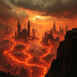 A breathtaking view from a cliffside overlooking Duskhaven, a sprawling city in a dark fantasy landscape of Maladomini