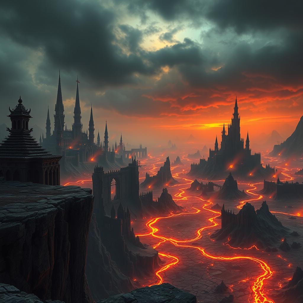 A breathtaking view from a cliffside overlooking Duskhaven, a sprawling city in a dark fantasy landscape of Maladomini