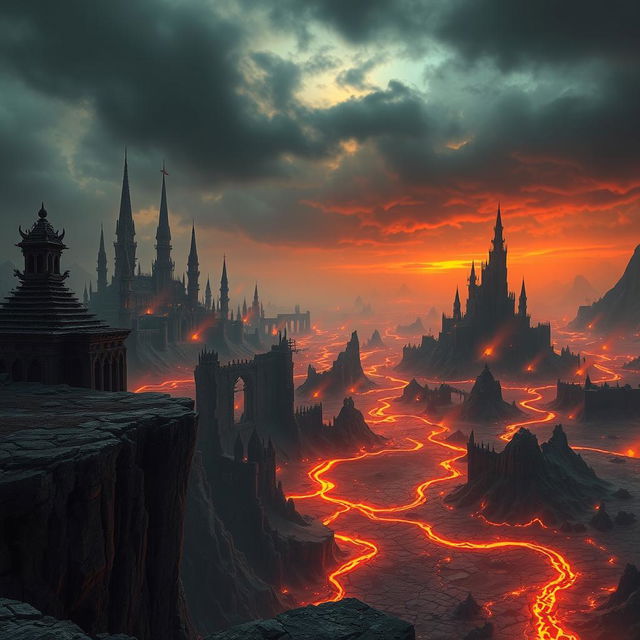 A breathtaking view from a cliffside overlooking Duskhaven, a sprawling city in a dark fantasy landscape of Maladomini