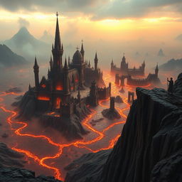 A breathtaking view from a cliffside overlooking Duskhaven, a sprawling city in a dark fantasy landscape of Maladomini