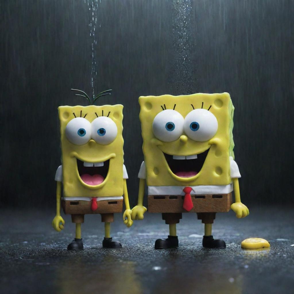 SpongeBob SquarePants and Plankton standing side by side, their faces filled with heartfelt sorrow, singing a sad song as the rain pours down, creating a melancholic atmosphere around them.