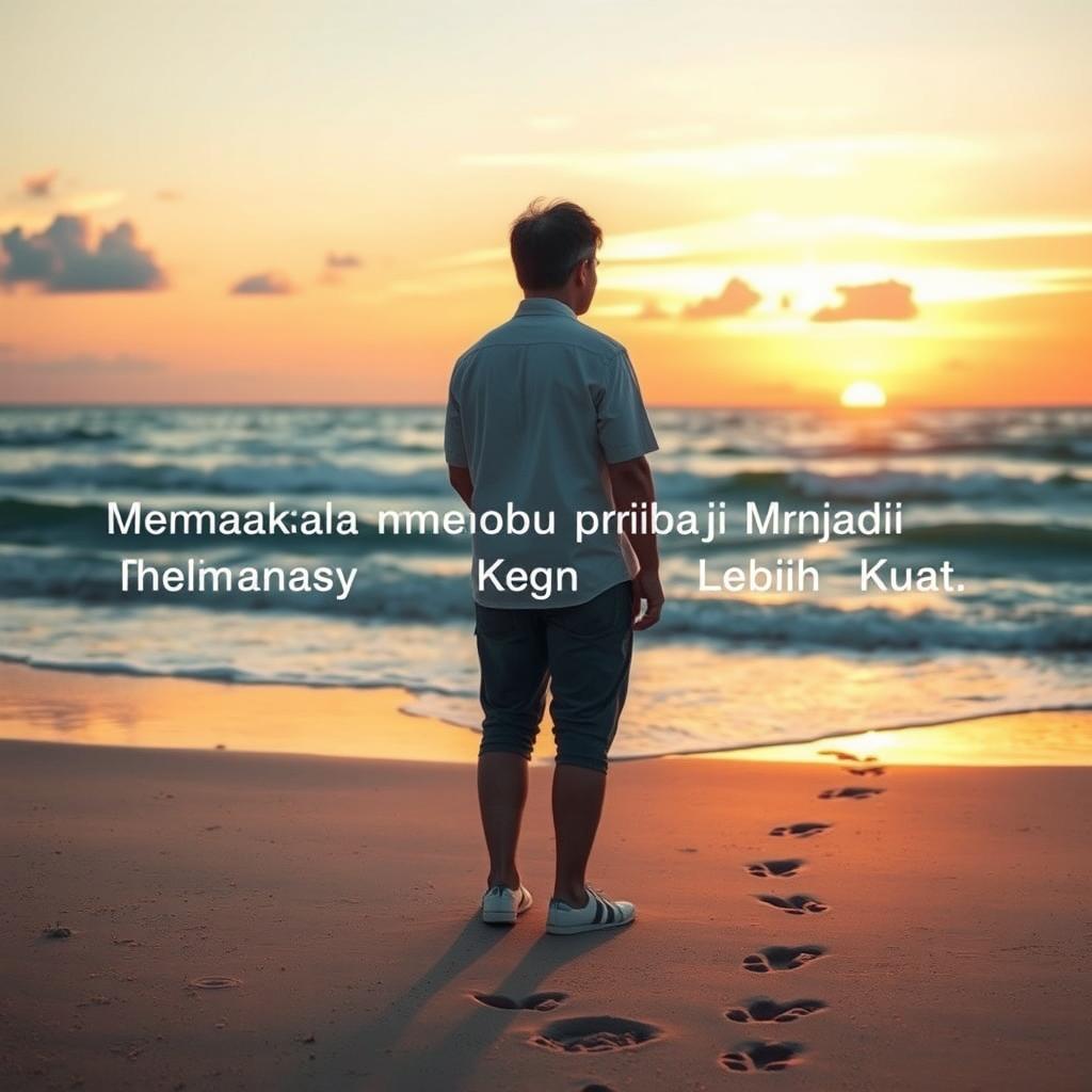 A serene and emotional scene depicting a person standing on a beach during sunset, reflecting on their journey of forgiveness