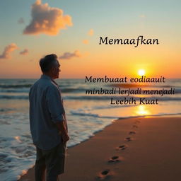 A serene and emotional scene depicting a person standing on a beach during sunset, reflecting on their journey of forgiveness