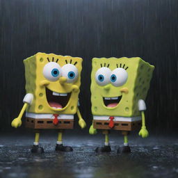 SpongeBob SquarePants and Plankton standing side by side, their faces filled with heartfelt sorrow, singing a sad song as the rain pours down, creating a melancholic atmosphere around them.