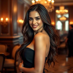 A stunning woman with a confident stance and an inviting smile, posing in an elegant setting