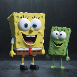 SpongeBob SquarePants and Plankton standing side by side, their faces filled with heartfelt sorrow, singing a sad song as the rain pours down, creating a melancholic atmosphere around them.