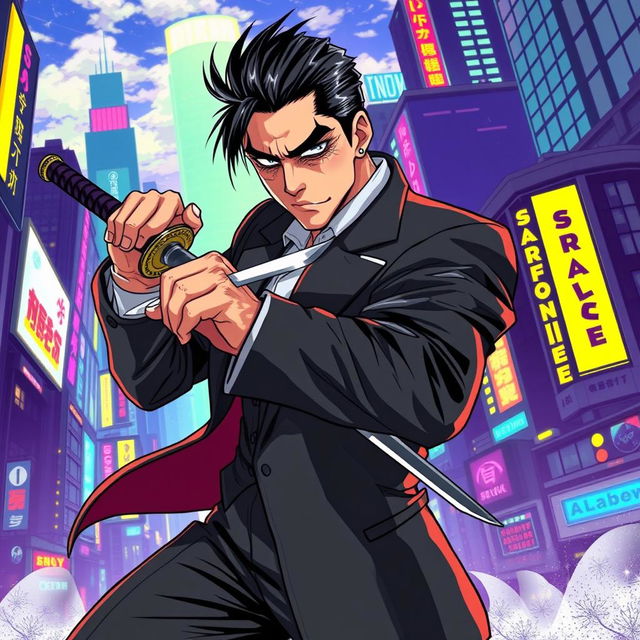 A striking character inspired by Scarface, depicted as a fierce swordsman with a sleek, stylish look