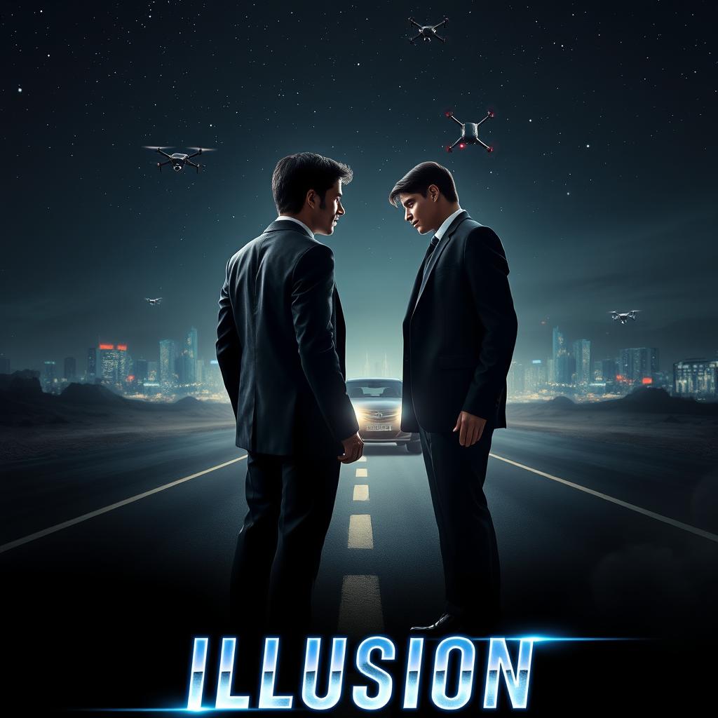 An electrifying and dynamic cinematic action sci-fi film poster titled 'Illusion'