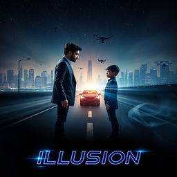 An electrifying and dynamic cinematic action sci-fi film poster titled 'Illusion'