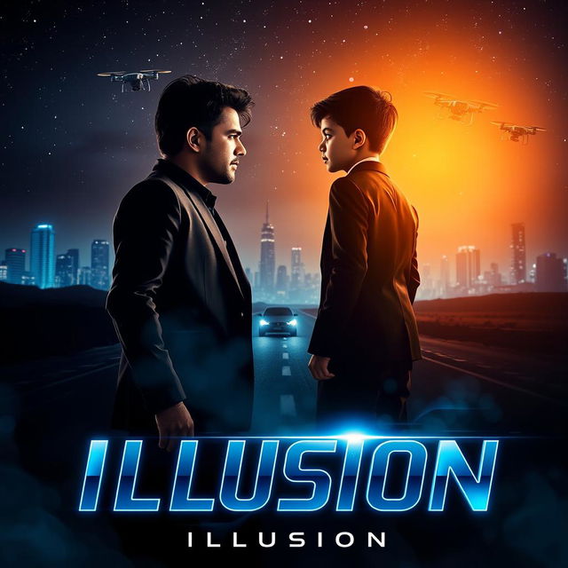 An electrifying and dynamic cinematic action sci-fi film poster titled 'Illusion'