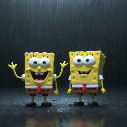 SpongeBob SquarePants and Plankton standing side by side, their faces filled with heartfelt sorrow, singing a sad song as the rain pours down, creating a melancholic atmosphere around them.