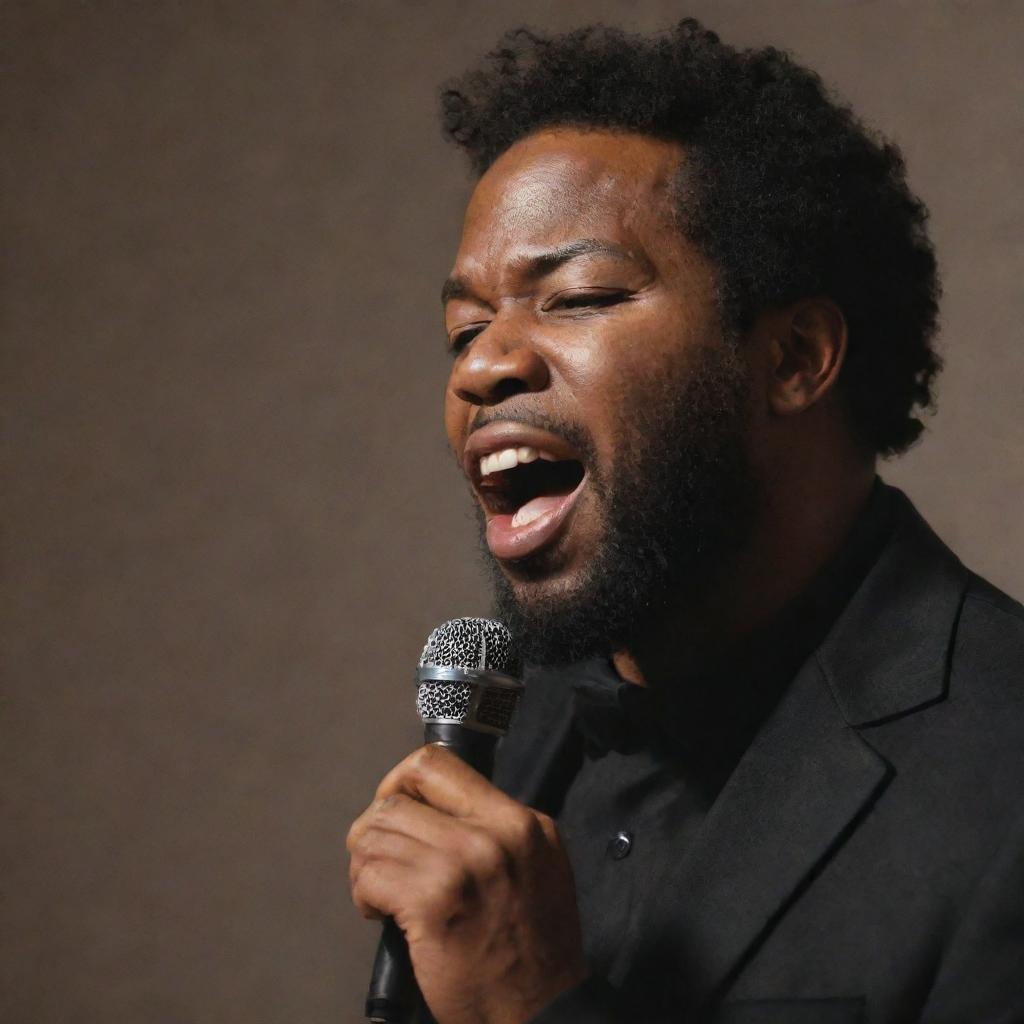 An expressive African-American singer pouring his soul into a powerful vocal performance