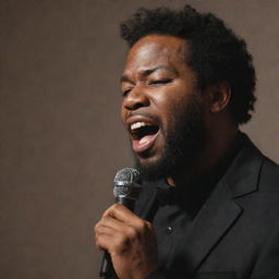 An expressive African-American singer pouring his soul into a powerful vocal performance