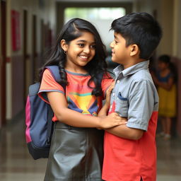 A young Indian school girl in a playful and youthful setting, wearing a casual outfit that includes a leather mini skirt and a vibrant t-shirt