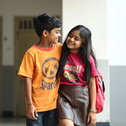 A young Indian school girl in a playful and youthful setting, wearing a casual outfit that includes a leather mini skirt and a vibrant t-shirt