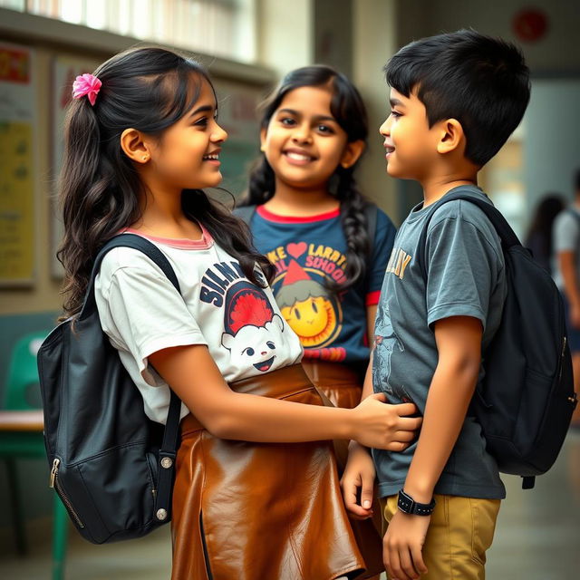 A young Indian school girl in a playful and youthful setting, wearing a casual outfit that includes a leather mini skirt and a vibrant t-shirt