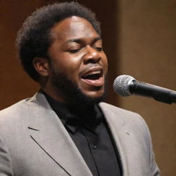 An expressive African-American singer pouring his soul into a powerful vocal performance