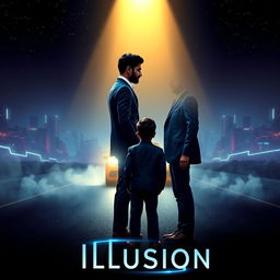 An exhilarating cinematic action sci-fi film poster titled 'Illusion'