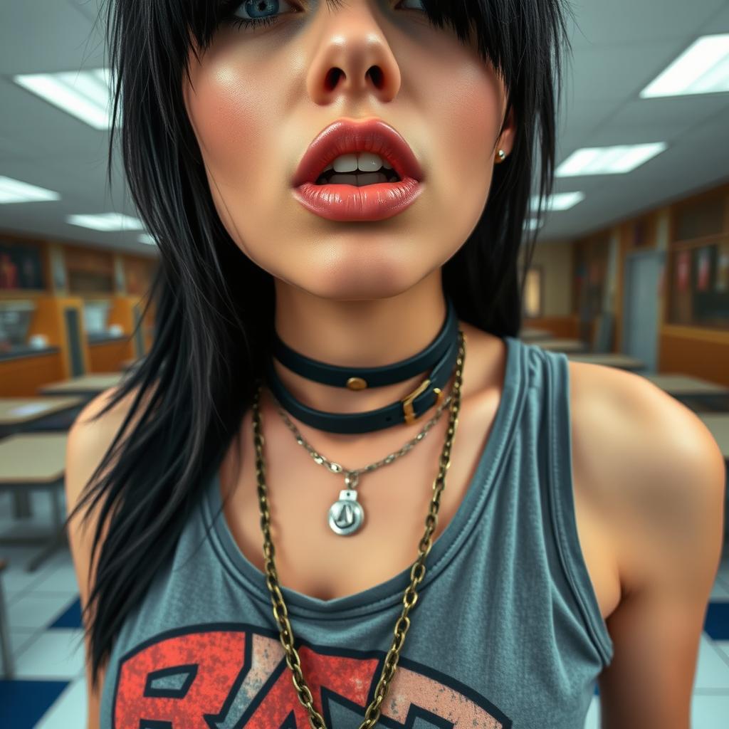 A close-up shot focusing on a gorgeous female with striking black hair, wearing a faded colorful band logo tank top that highlights her large chest and showcases her alluring cleavage