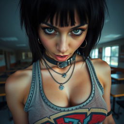 A close-up shot focusing on a gorgeous female with striking black hair, wearing a faded colorful band logo tank top that highlights her large chest and showcases her alluring cleavage