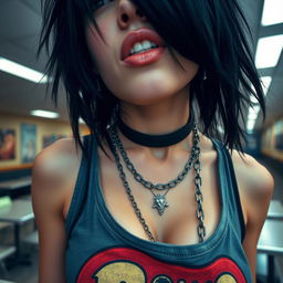 A close-up shot focusing on a gorgeous female with striking black hair, wearing a faded colorful band logo tank top that highlights her large chest and showcases her alluring cleavage