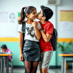 A young Indian school girl, appearing fresh and lively, wearing a trendy leather mini skirt, a stylish t-shirt, and fashionable black stockings