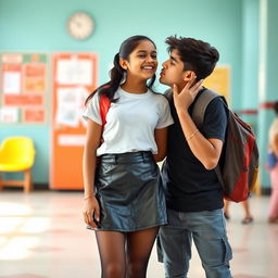 A young Indian school girl, appearing fresh and lively, wearing a trendy leather mini skirt, a stylish t-shirt, and fashionable black stockings