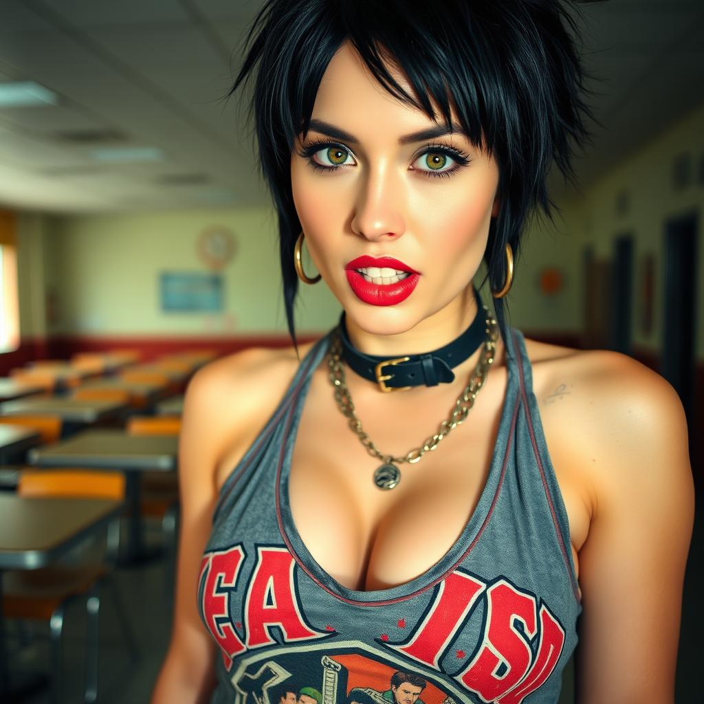 A close-up shot of a gorgeous female featuring a large chest and noticeable cleavage, set against the backdrop of an empty cafeteria