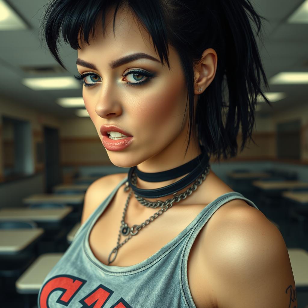 A close-up shot of a gorgeous female featuring a large chest and noticeable cleavage, set against the backdrop of an empty cafeteria