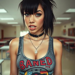 A close-up shot of a gorgeous female featuring a large chest and noticeable cleavage, set against the backdrop of an empty cafeteria