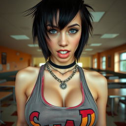 A close-up shot of a gorgeous female featuring a large chest and noticeable cleavage, set against the backdrop of an empty cafeteria