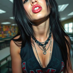 A close-up shot of a gorgeous female with striking black hair, wearing a faded colorful band logo tank top that showcases her large chest and alluring cleavage