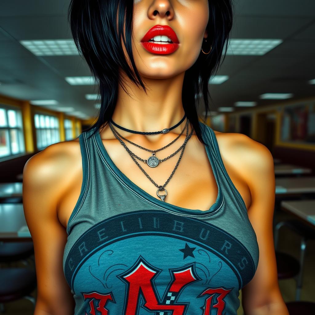 Close-up shot of a gorgeous female with striking black hair, wearing a faded colorful band logo tank top, accentuating her large chest and prominent cleavage