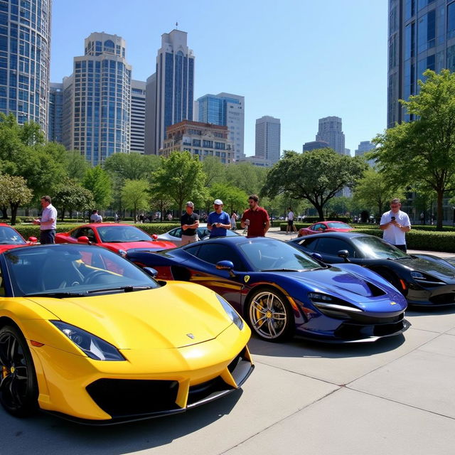 A vibrant scene featuring various supercars parked on a sunny day in an upscale area of the United States