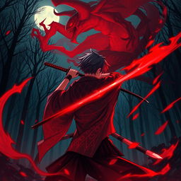 A captivating scene influenced by the Demon Slayer anime, focusing on a character with fiery red accents in their outfit, embodying the spirit of a demon slayer