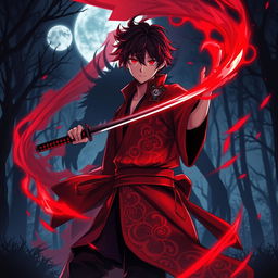 A captivating scene influenced by the Demon Slayer anime, focusing on a character with fiery red accents in their outfit, embodying the spirit of a demon slayer