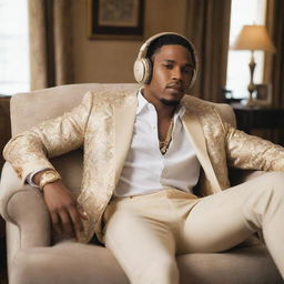 A successful African-American singer wearing lavish clothes and stylish headphones, lounging in his luxurious home