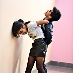 A lively and playful scene featuring a young Indian school girl, aged 16, wearing a stylish leather mini skirt, a trendy t-shirt, and black stockings