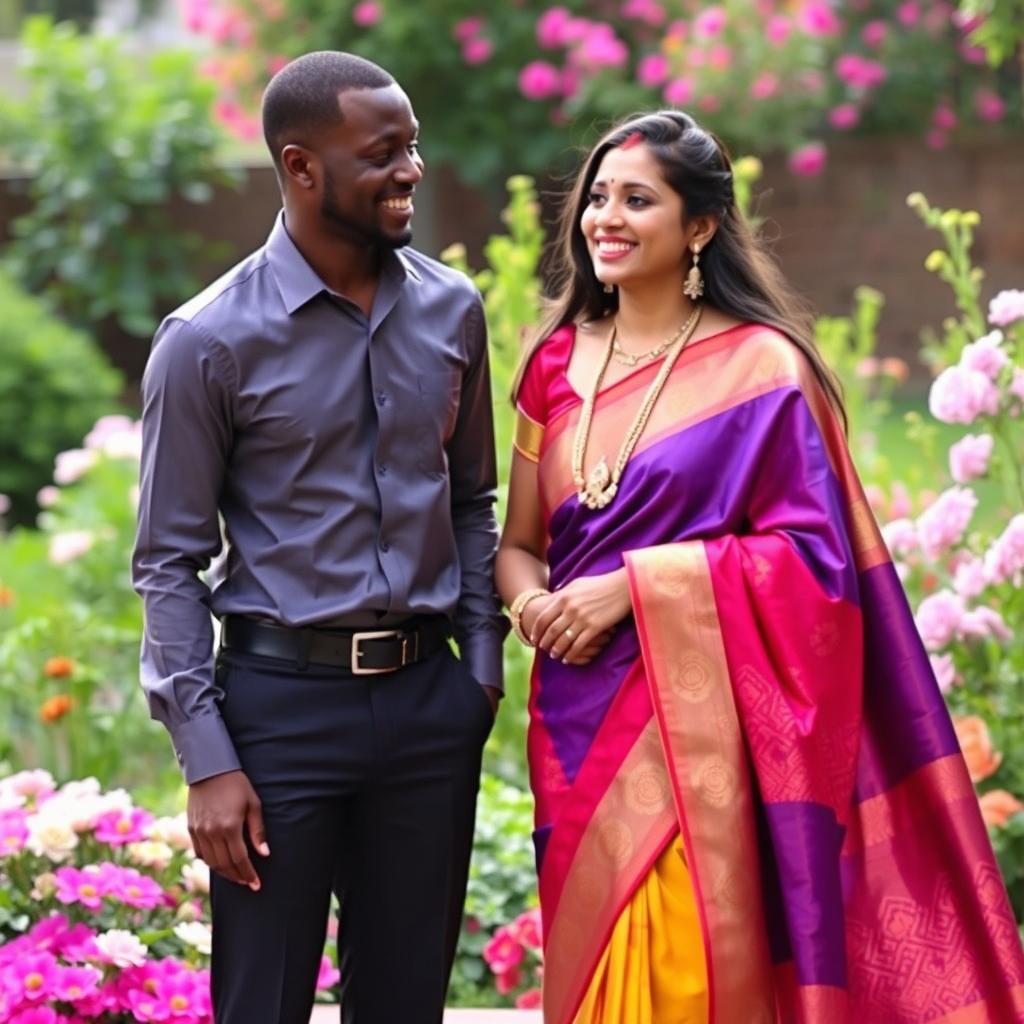 A beautiful Indian lady wearing a vibrant sari, rich in colors and intricate patterns, standing gracefully next to a tall and handsome Black man