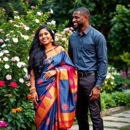 A beautiful Indian lady wearing a vibrant sari, rich in colors and intricate patterns, standing gracefully next to a tall and handsome Black man