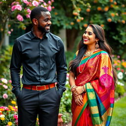 A beautiful Indian lady wearing a vibrant sari, rich in colors and intricate patterns, standing gracefully next to a tall and handsome Black man