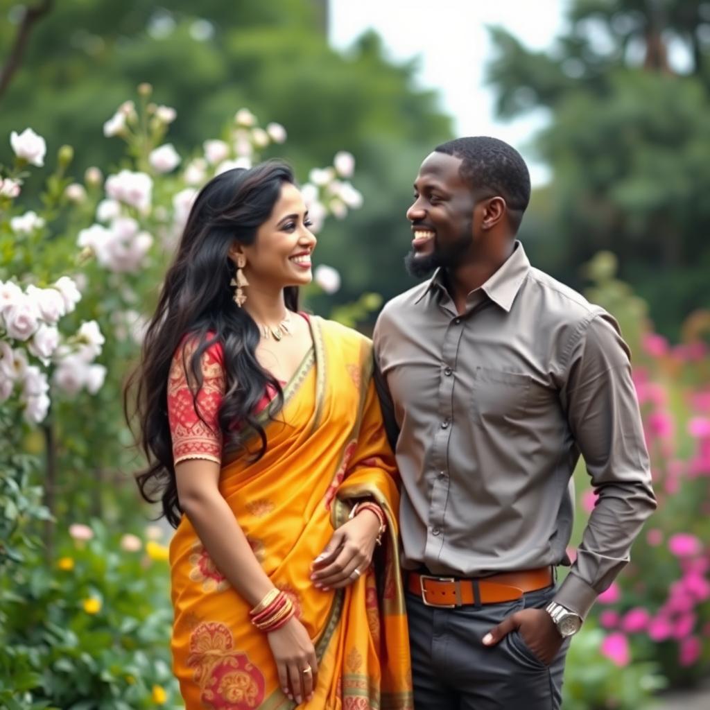 A beautiful Indian lady wearing a vibrant sari, rich in colors and intricate patterns, standing gracefully next to a tall and handsome Black man