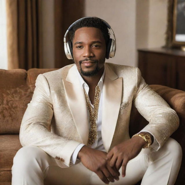 A successful African-American singer wearing lavish clothes and stylish headphones, lounging in his luxurious home